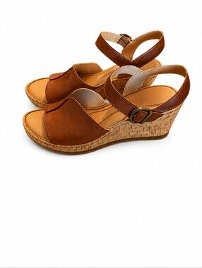 Born Leather Wedge Cork Ankle Strap Soft Brown Summer Sandals SZ:9